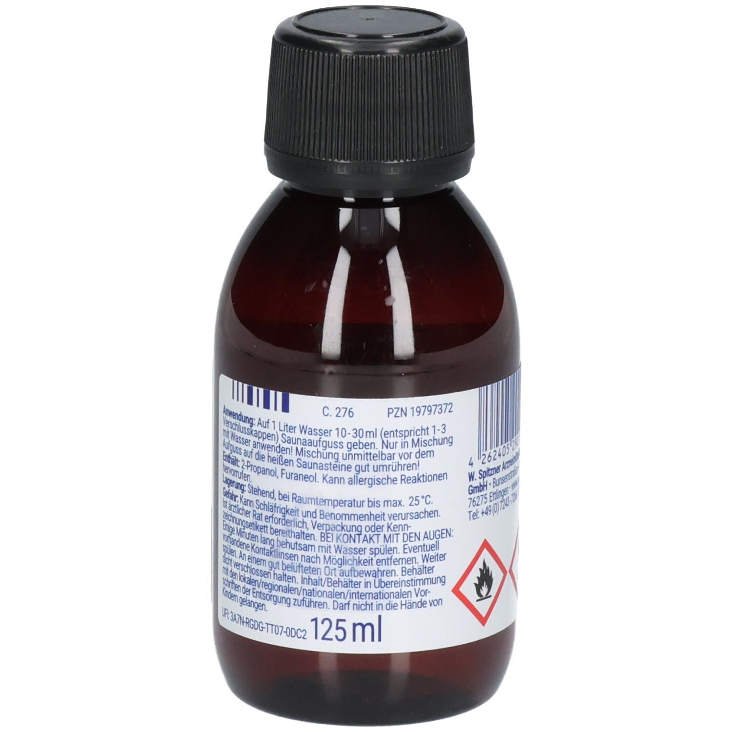 Braune Glasflasche mit schwarzem Schraubverschluss, 125 ml Inhalt.