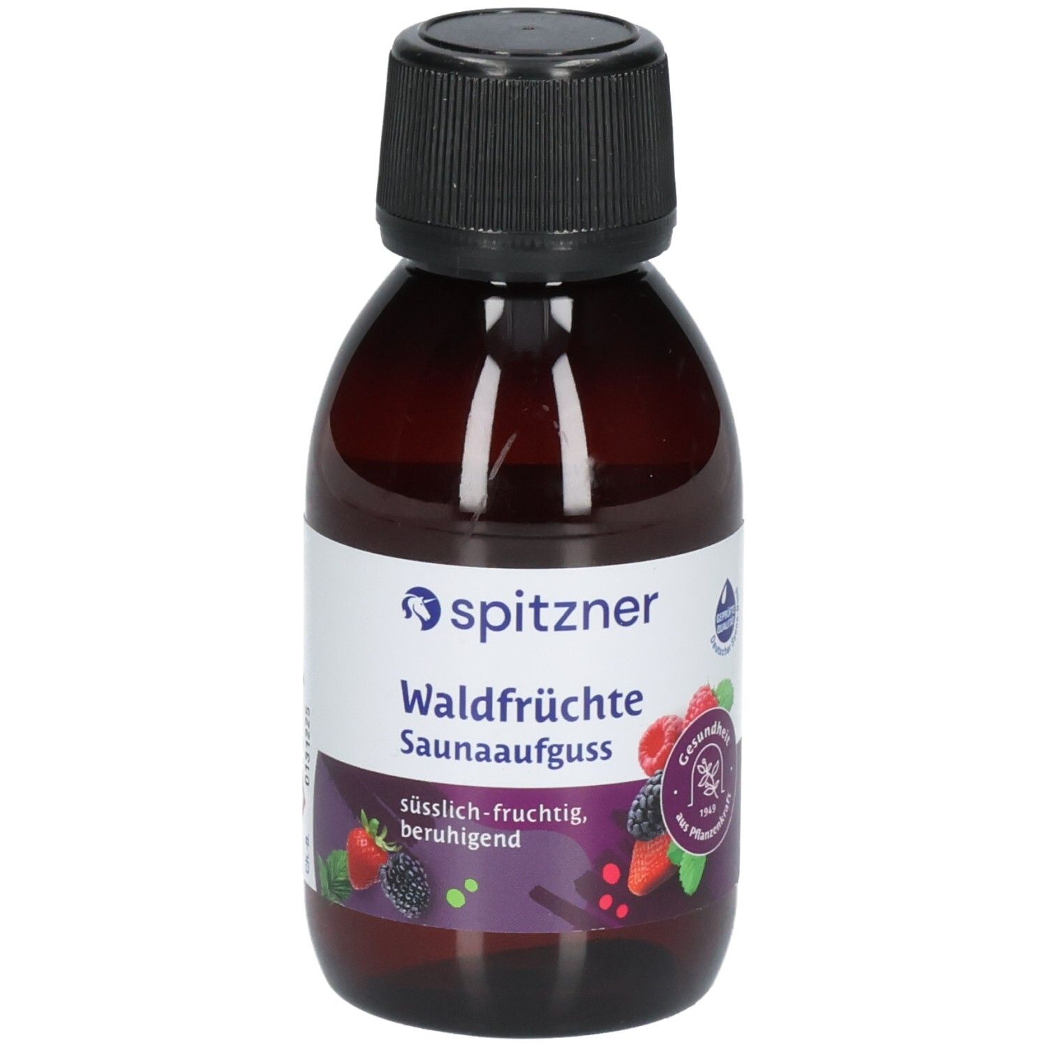Spitzner Waldfrüchte Saunaaufguss in brauner Glasflasche mit schwarzem Schraubverschluss. Beeren-Illustration auf dem Etikett.