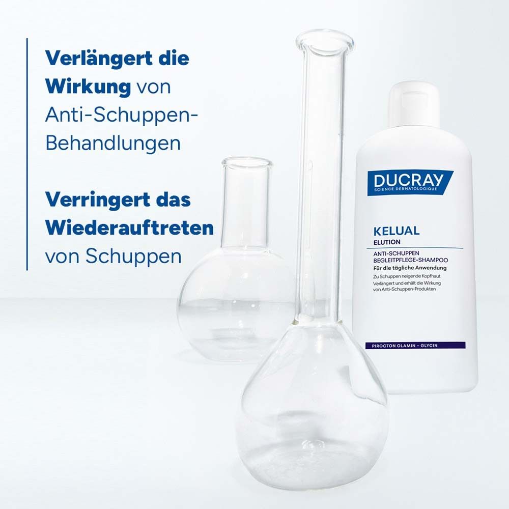 Drei Glasflaschen und eine Flasche KELUAL ELUTION. Text: Verlängert die Wirkung von Anti-Schuppen-Behandlungen. Verringert das Wiederauftreten von Schuppen.