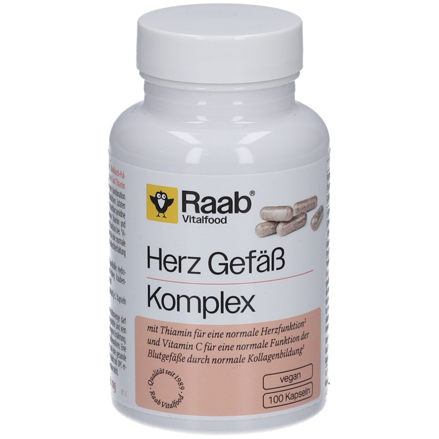 Flacon blanc avec capsules. Inscription: Herz Gefäß Komplex, Raab Vitalfood. 100 capsules, vegan.