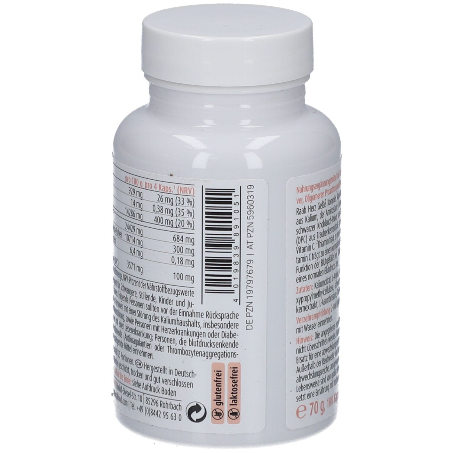 Dos de la bouteille blanche. Texte: informations nutritionnelles, ingrédients, recommandations. Sans gluten, sans lactose.