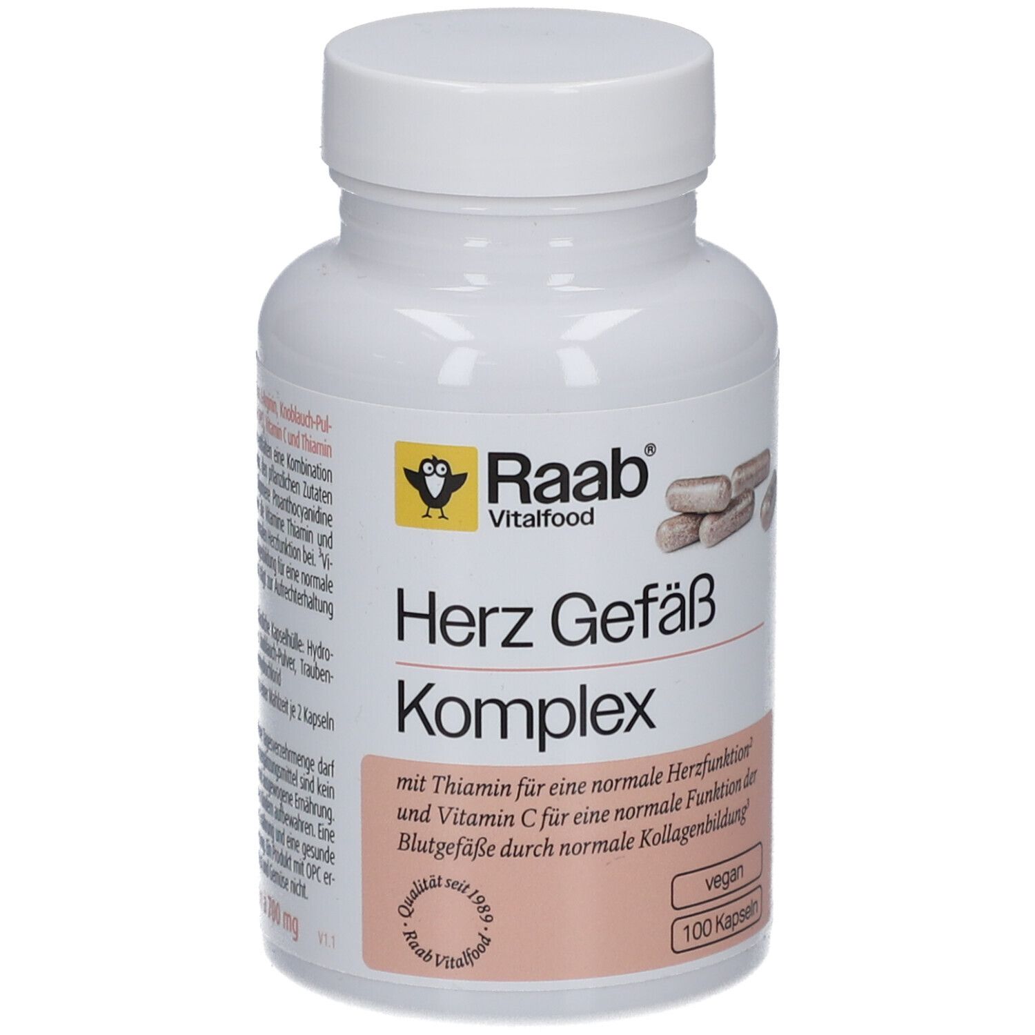 Flacon blanc avec capsules. Inscription: Herz Gefäß Komplex, Raab Vitalfood. 100 capsules, vegan.