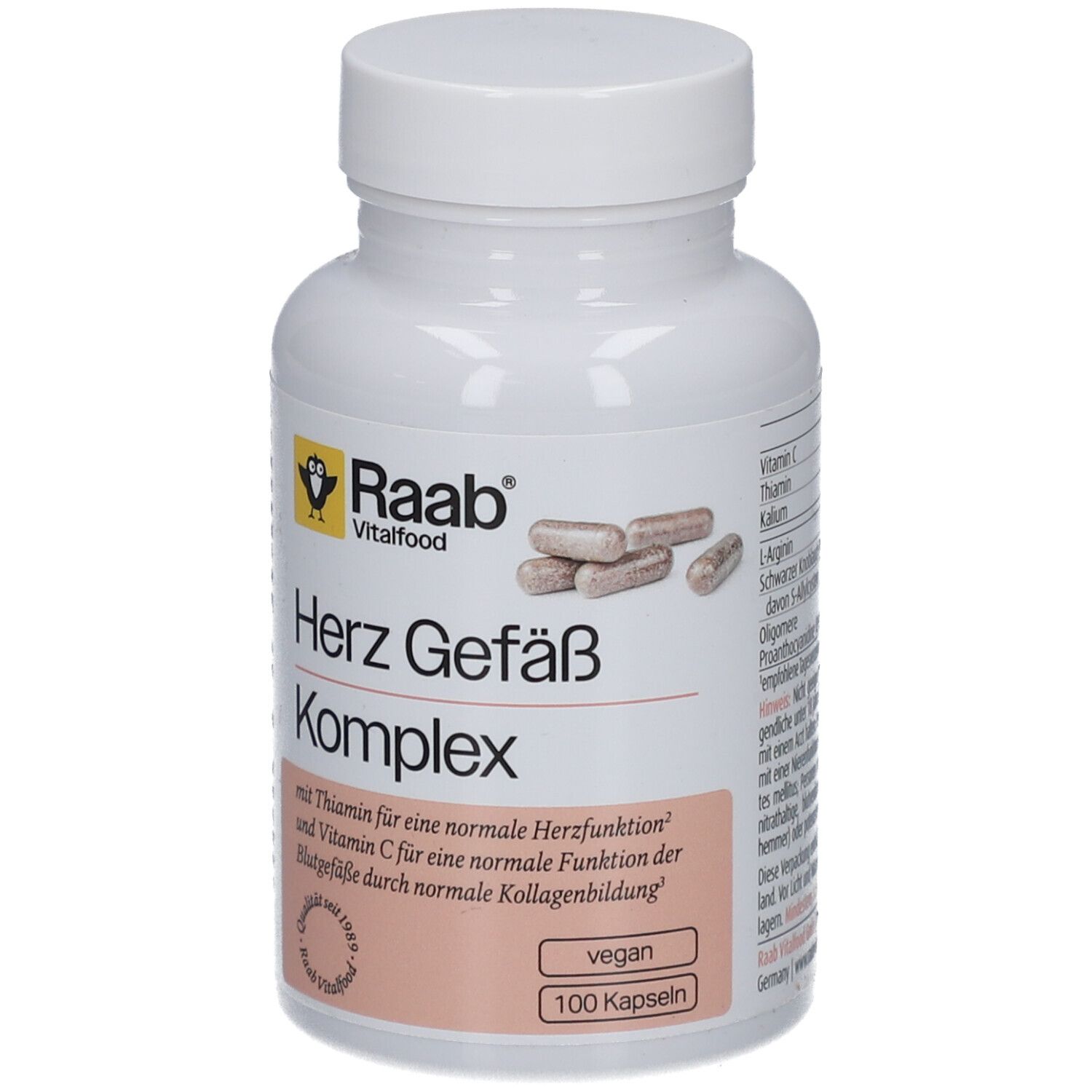 Flacon blanc avec capsules. Inscription: Herz Gefäß Komplex, Raab Vitalfood. 100 capsules, vegan.