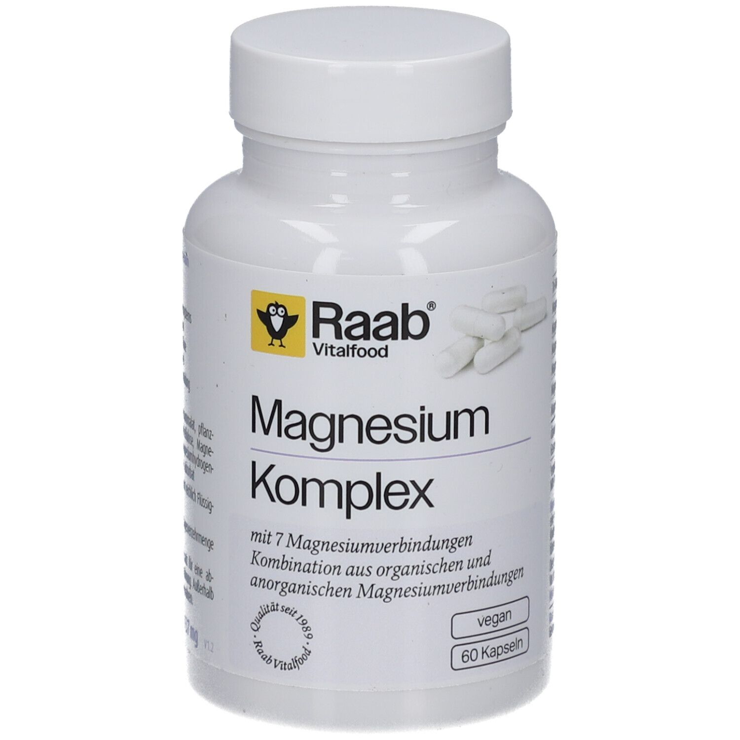 Weiße Flasche mit Raab Magnesium Komplex. Aufschrift: Magnesium Komplex, 60 Kapseln, vegan. Gelbes Logo.
