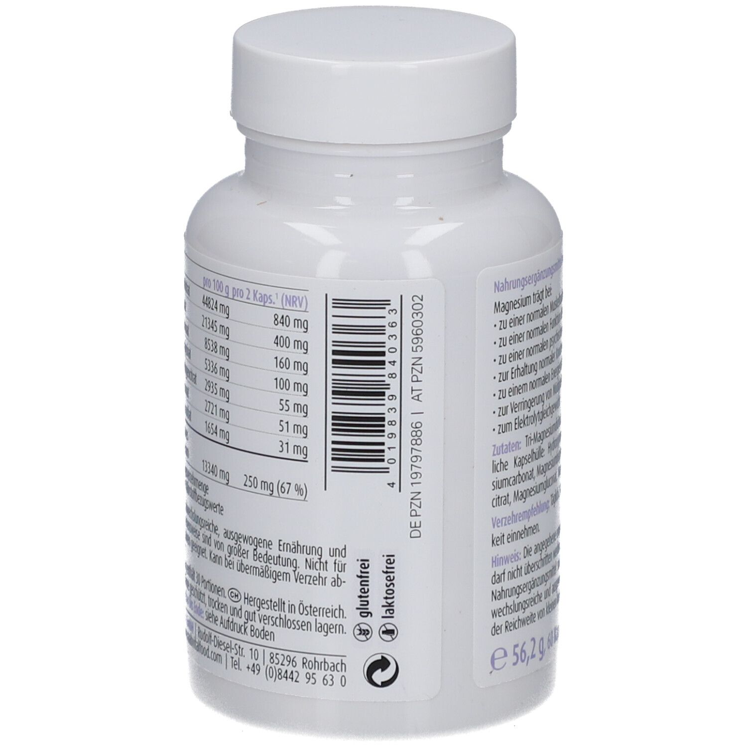 Rückseite der weißen Flasche Raab Magnesium Komplex. Nährwerttabelle, Barcode, glutenfrei, laktosefrei. Gewicht 56,2 g.