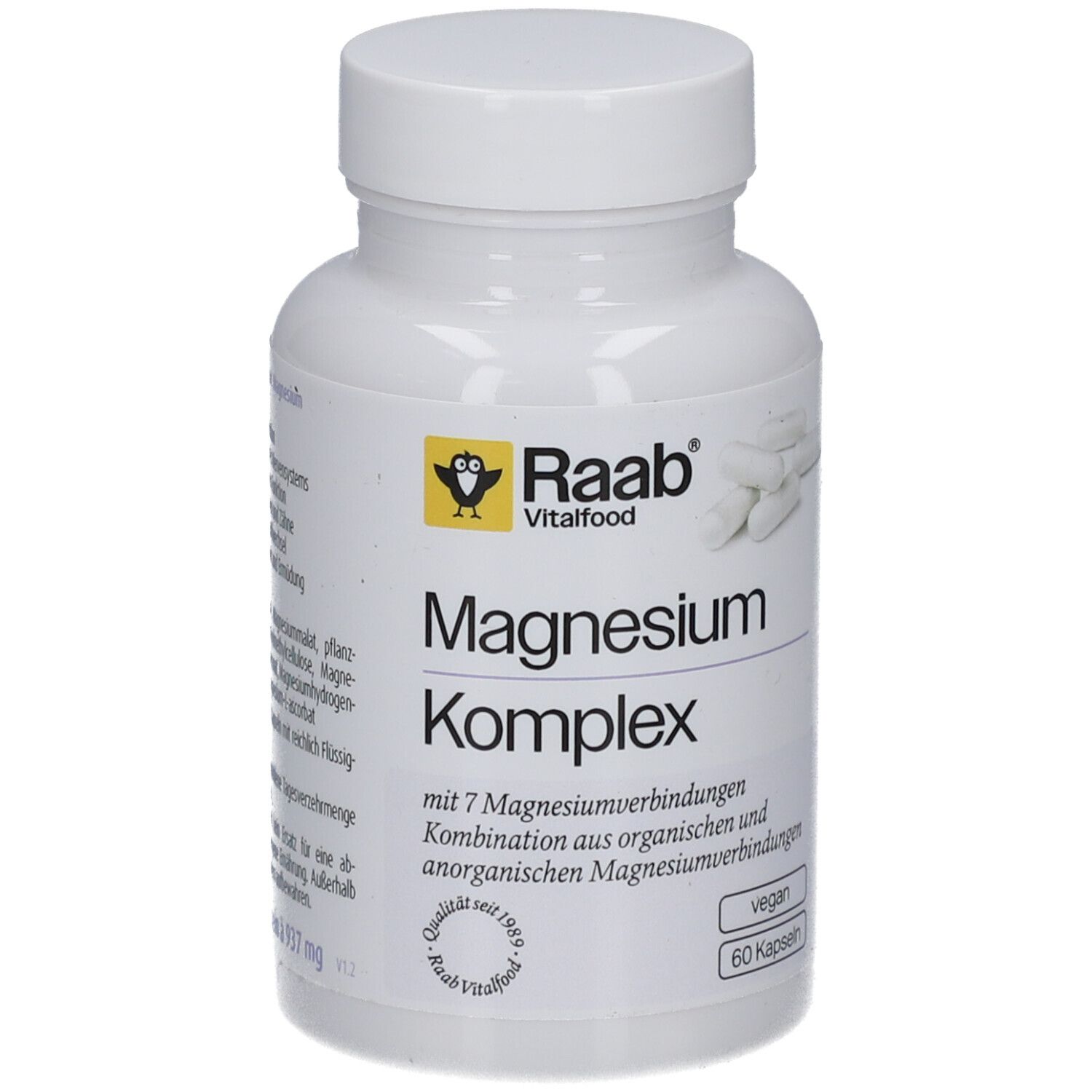 Weiße Flasche Raab Magnesium Komplex. Aufschrift: Magnesium Komplex, 60 Kapseln, vegan. Gelbes Logo. Kapseln sichtbar.