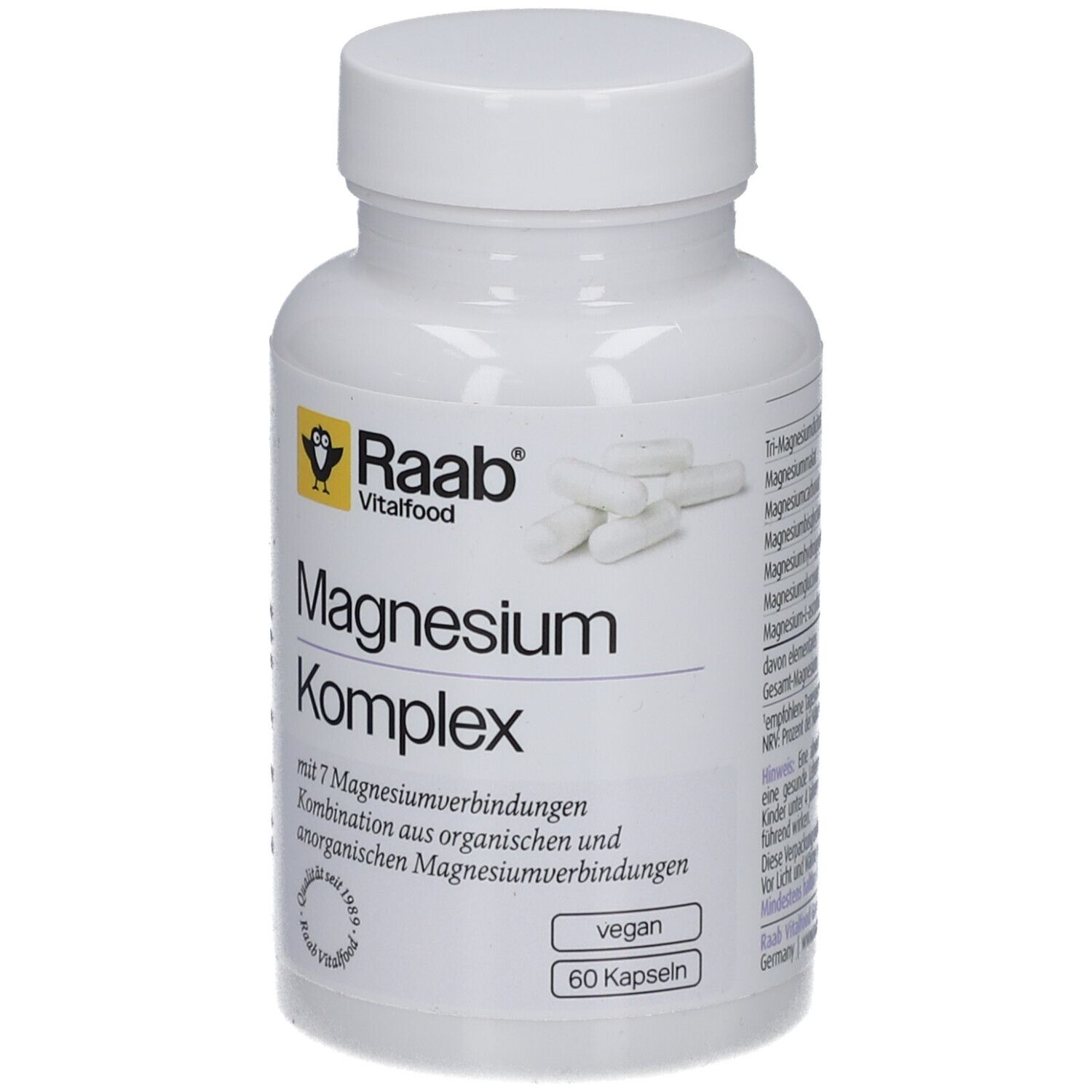 Weiße Flasche Raab Magnesium Komplex. Aufschrift: Magnesium Komplex, 60 Kapseln, vegan. Gelbes Logo. Kapseln sichtbar.
