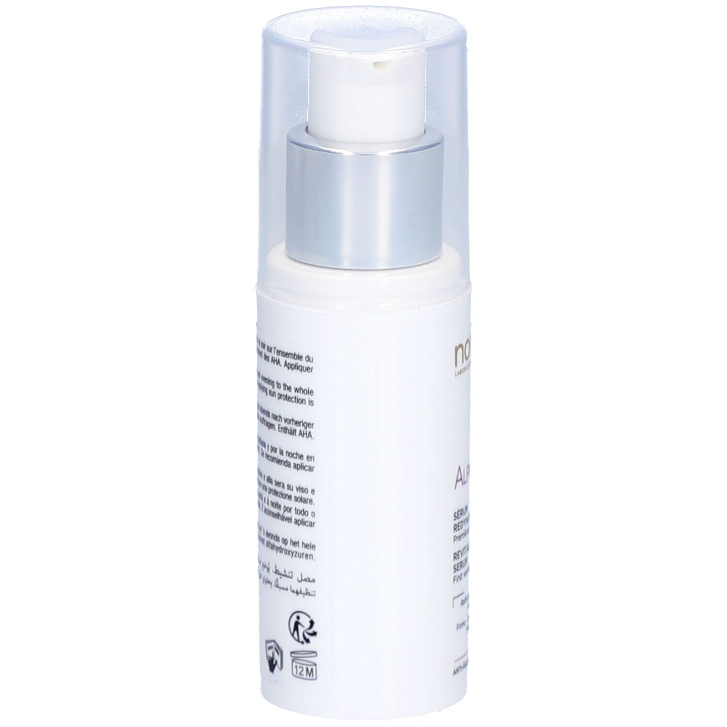 Sérum blanc avec pompe argentée et bouchon transparent. Texte au dos. Pour le renouvellement et le lissage de la peau.