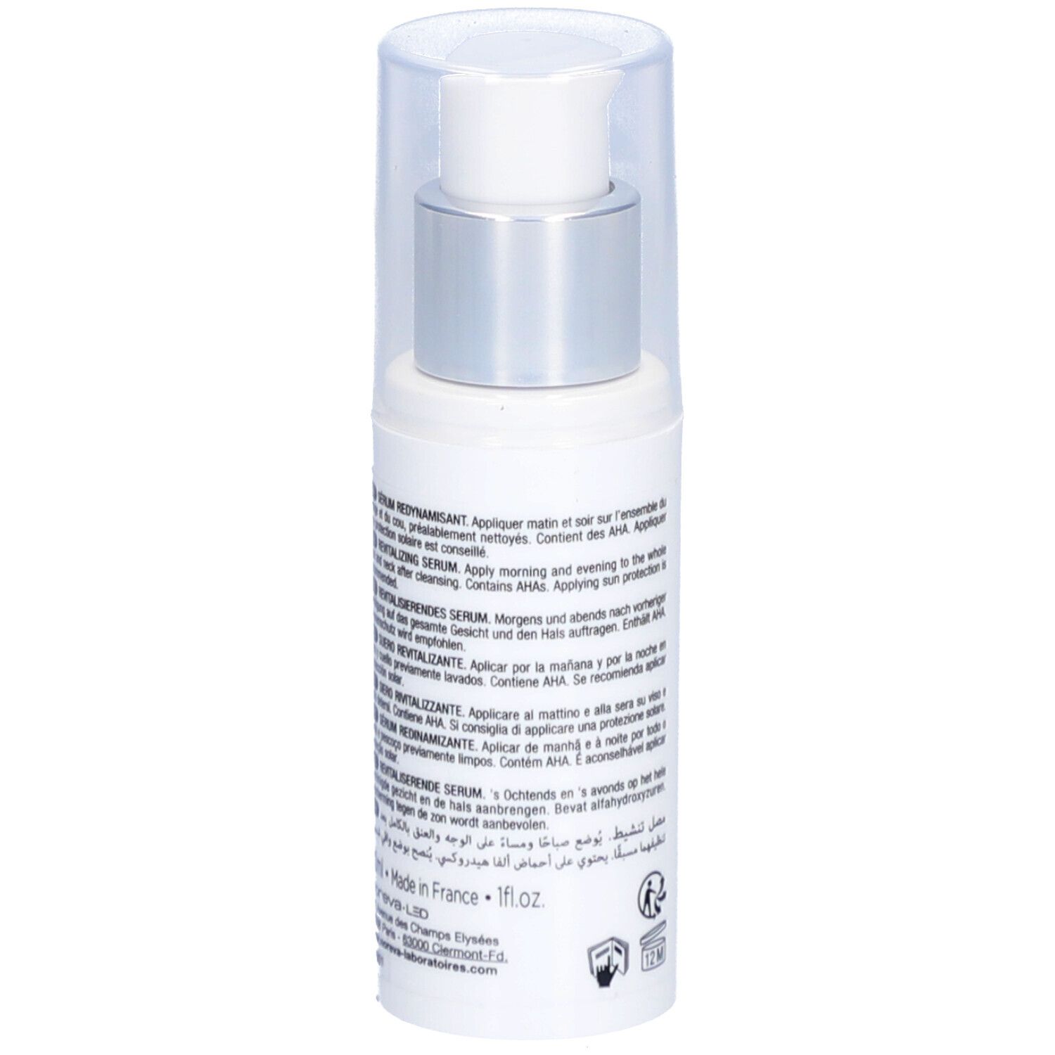 Sérum blanc avec pompe argentée et bouchon transparent. Texte au dos. Pour le renouvellement et le lissage de la peau.