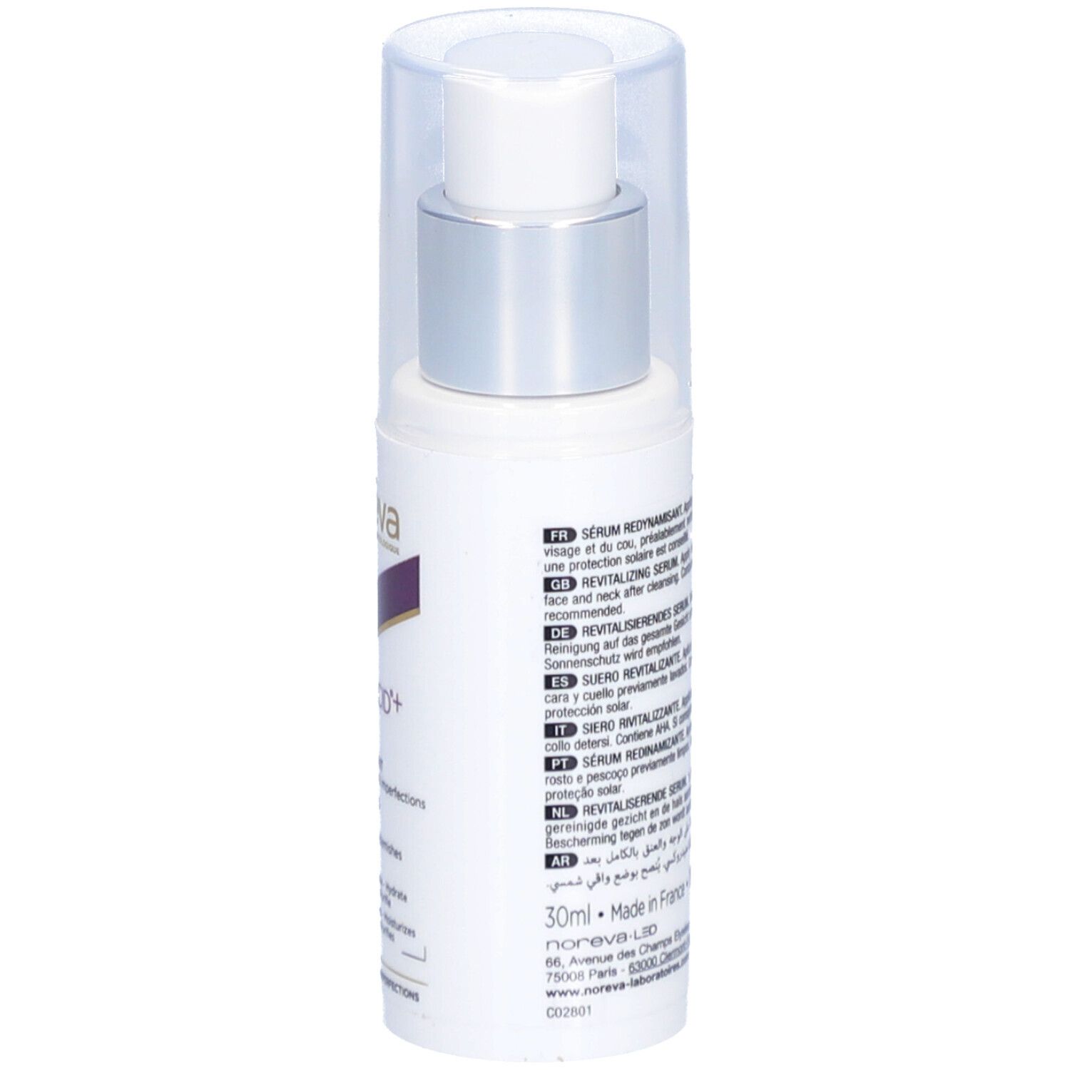 Sérum blanc avec pompe argentée et bouchon transparent. Texte au dos. Pour le renouvellement et le lissage de la peau.