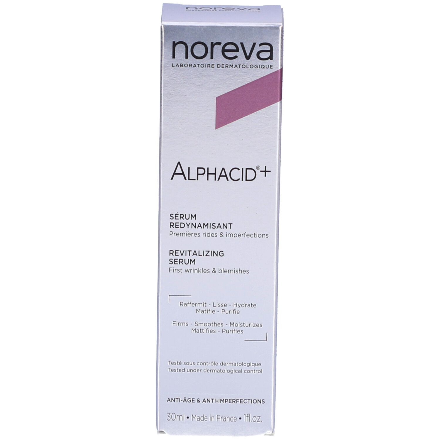 Emballage. Inscription : Alphacid+ et Noreva. Pour le renouvellement et le lissage de la peau. 30ml.