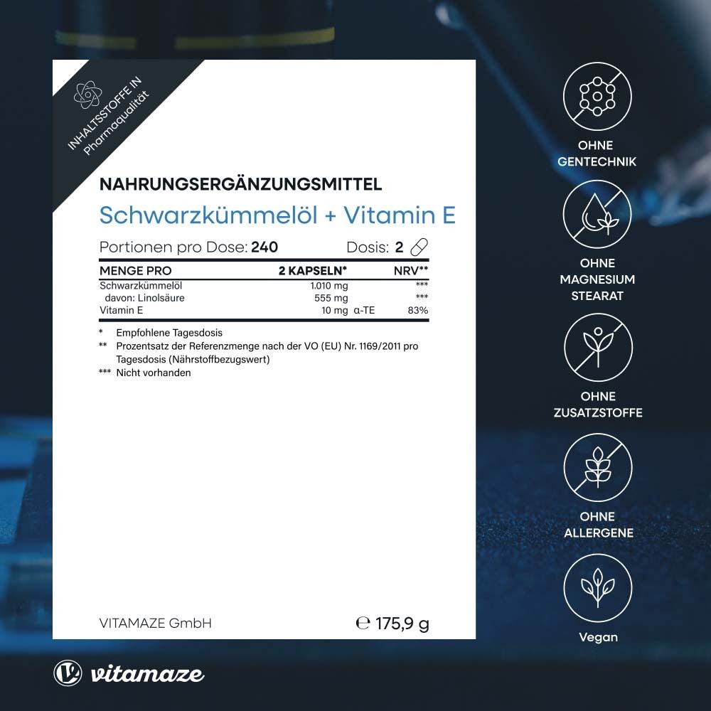 Emballage avec informations sur l'huile de cumin noir + vitamine E. Contient des informations nutritionnelles et des ingrédients.