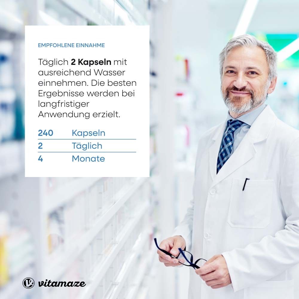 Médecin en blouse blanche. Texte : Prise recommandée : 2 gélules par jour avec de l'eau. 240 gélules, 2 par jour, 4 mois.