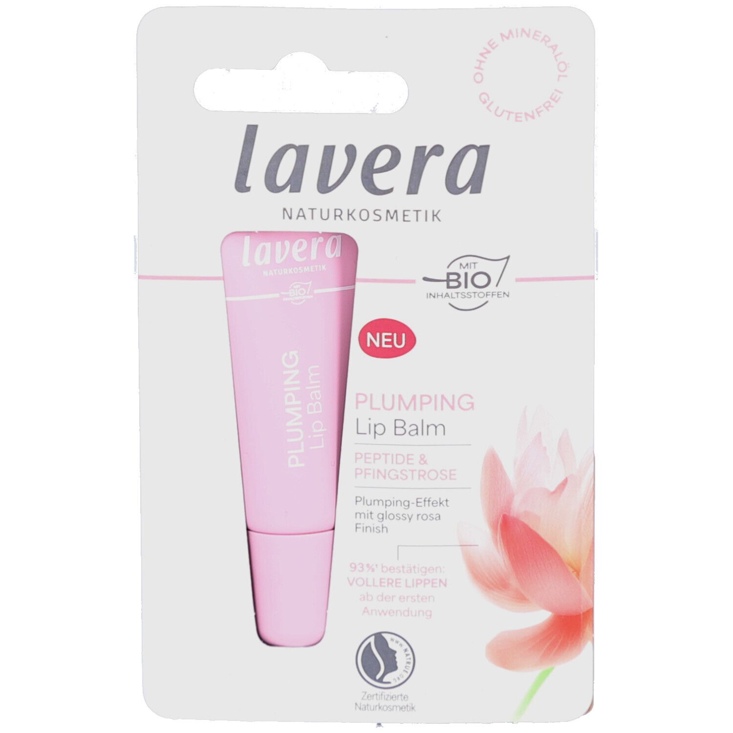 Baume à lèvres rose dans un emballage blister. Inscription : "lavera", "Plumping Lip Balm". Avec label bio et "NEU".