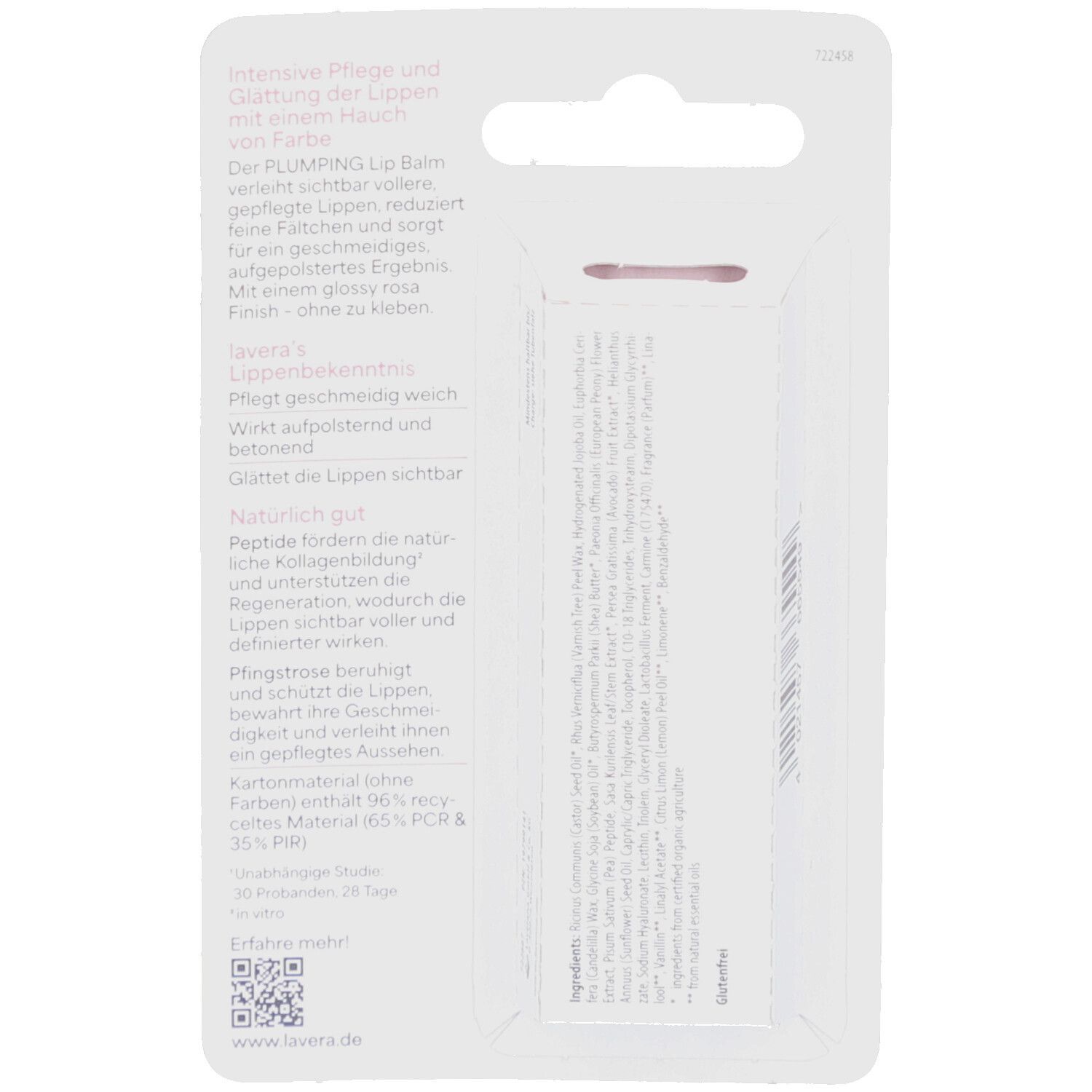 Dos de l'emballage blister avec texte. Contient ingrédients, informations fabricant et QR code. Matériau carton.