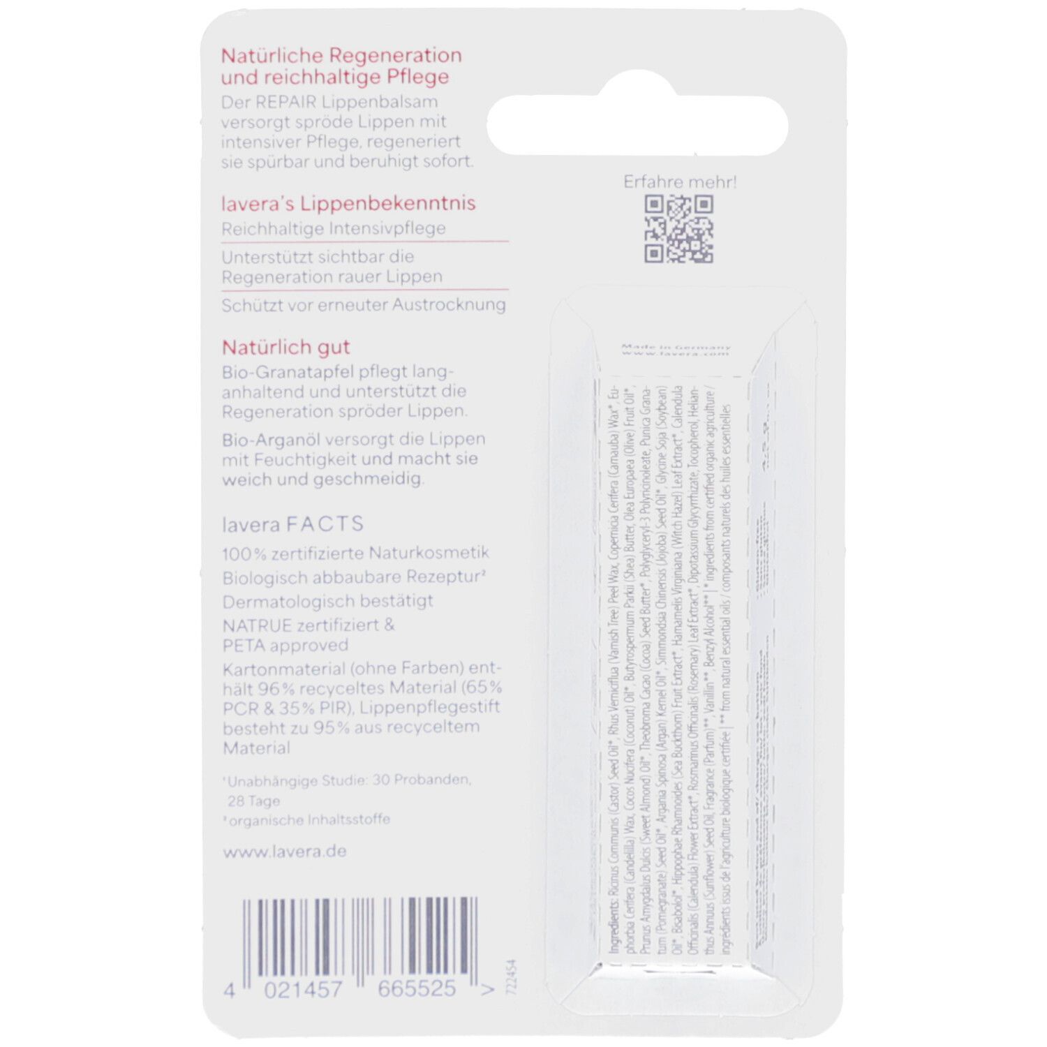 Dos de l'emballage du baume à lèvres. Texte en allemand. Informations sur les ingrédients et les certifications.