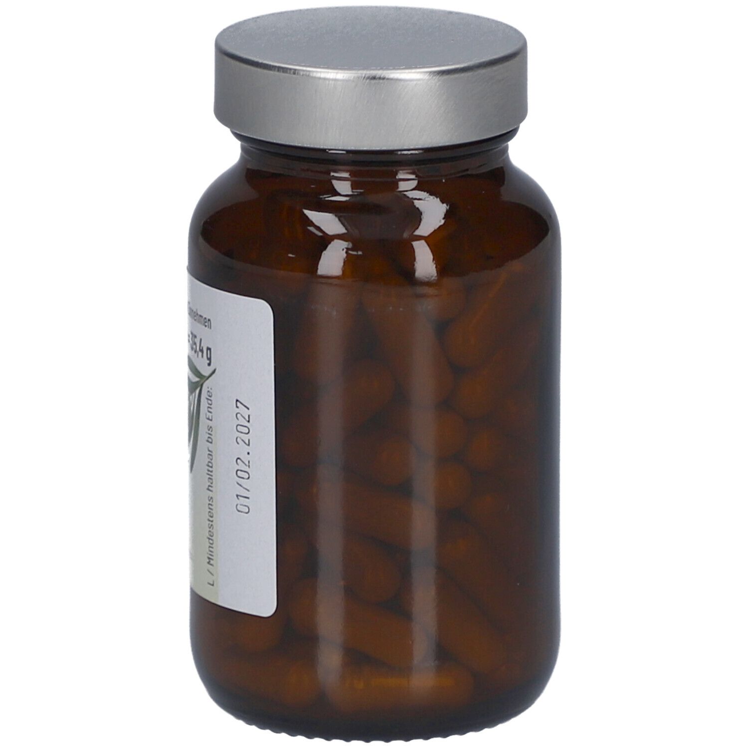 Braune Glasflasche mit silbernem Deckel. Etikett mit Produktinformationen und Haltbarkeitsdatum.