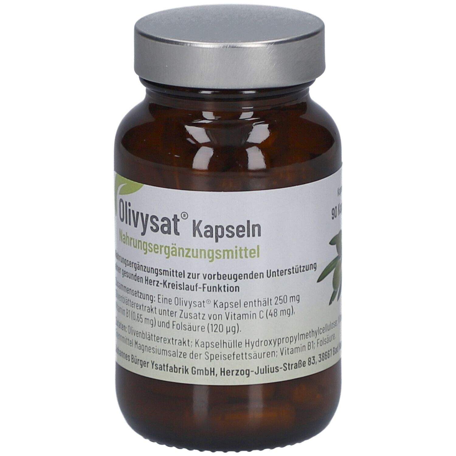 Braune Glasflasche mit silbernem Deckel. Etikett mit Produktname, Informationen und Logo.