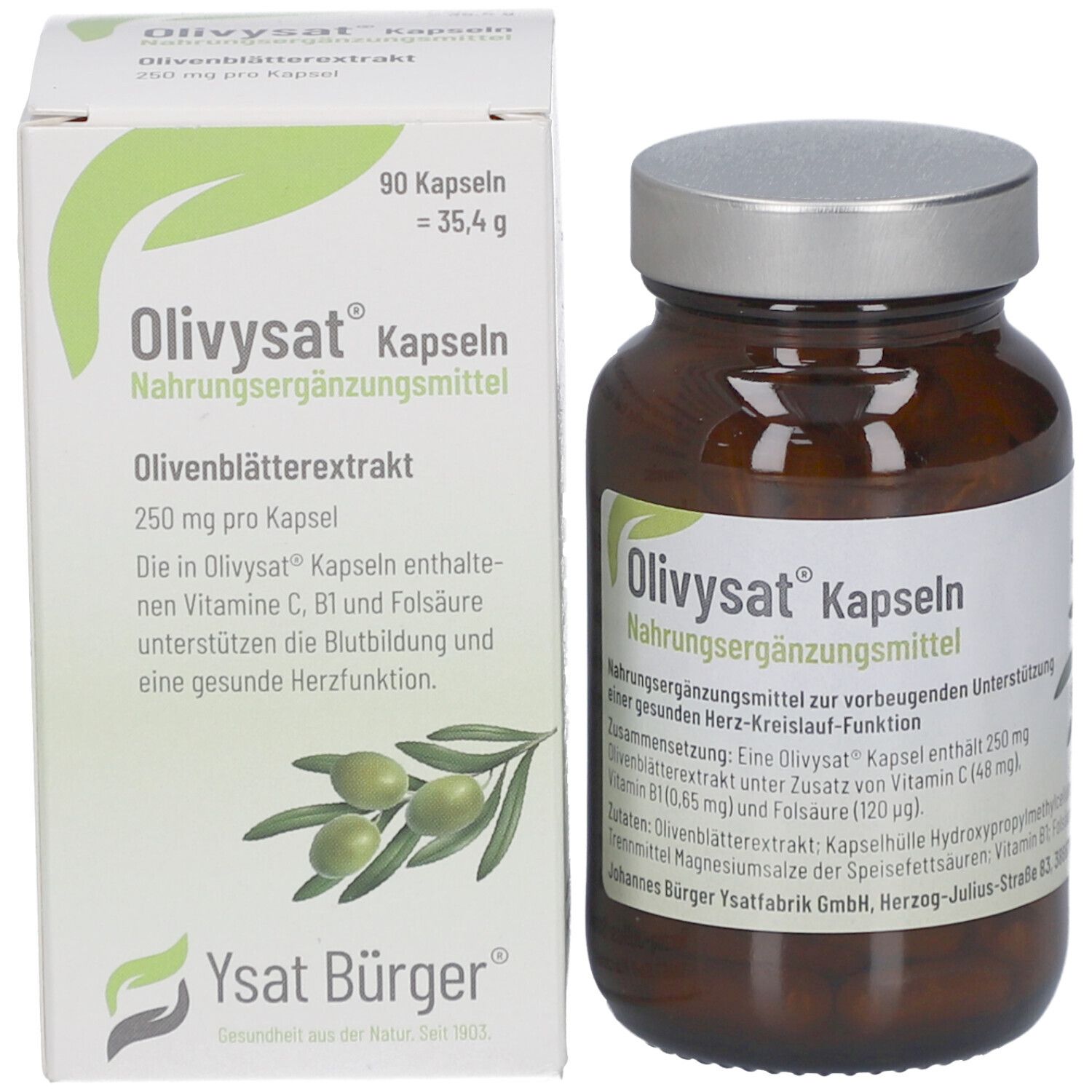 Produktflasche und -verpackung. Weiße Schachtel mit Produktname, Informationen, Olivenzweig-Illustration und Logo.