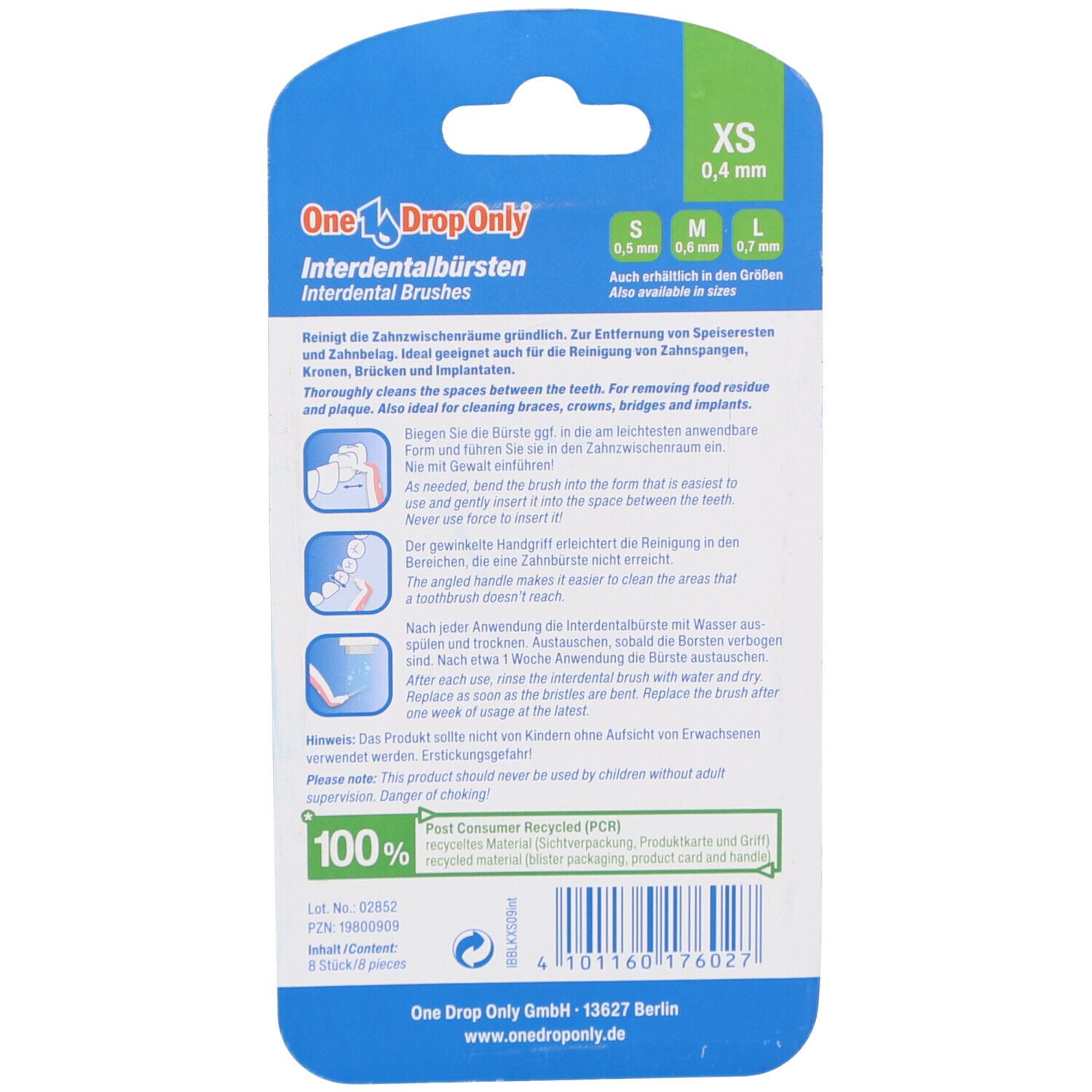 Dos de l'emballage avec informations produit. 'One Drop Only' et tailles visibles. Matériau 100% recyclé.