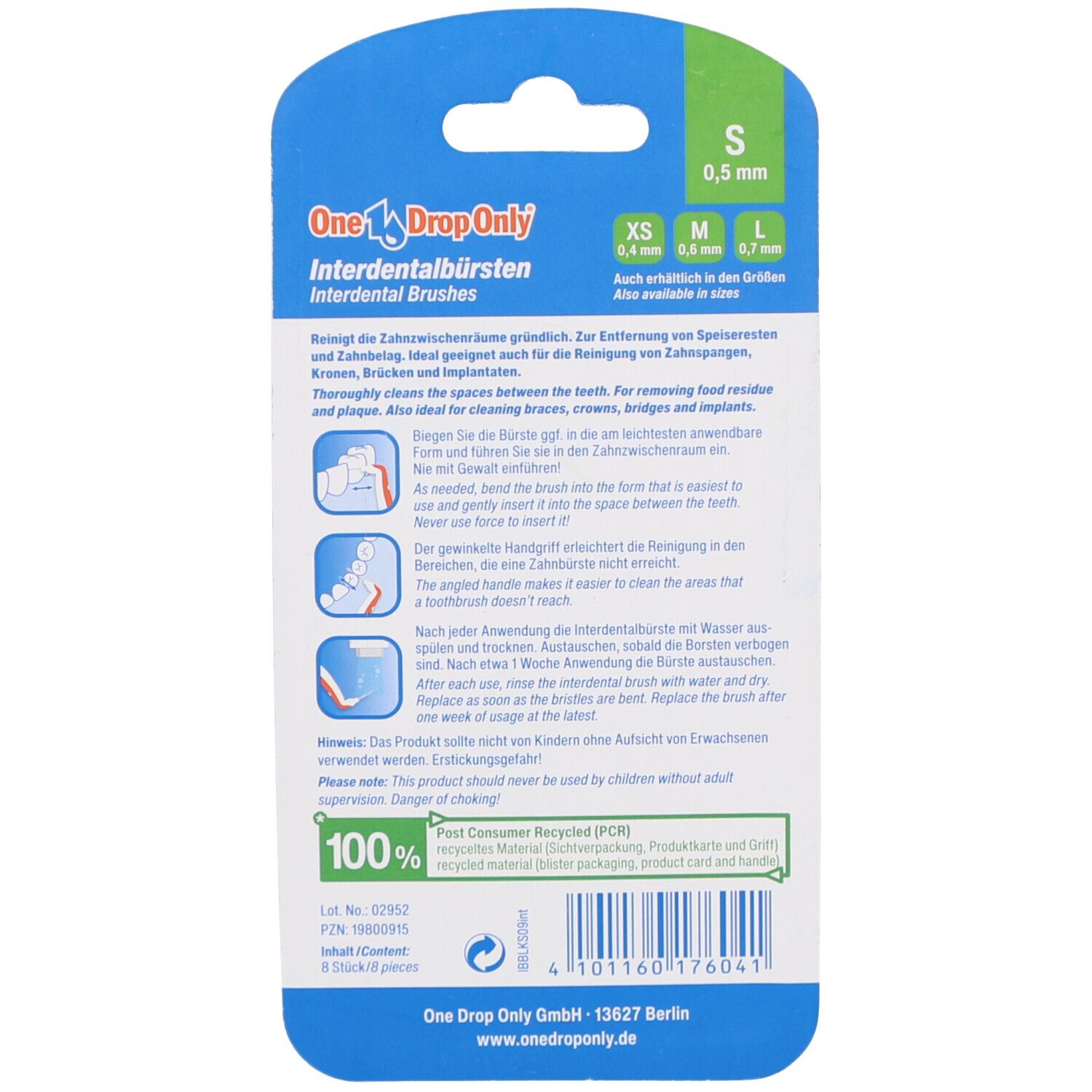 Dos de l'emballage avec informations produit. Marque : One Drop Only. Tableau des tailles. Texte en allemand. Logo recyclé : 100% recyclé.