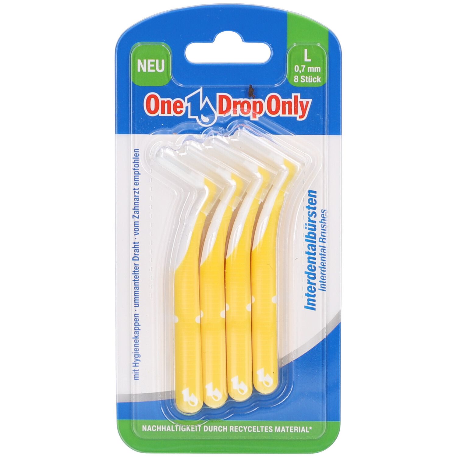 Paquet de brossettes interdentaires jaunes. Marque : One Drop Only. Taille L, 0,7 mm. 8 pièces. Emballage plastique.