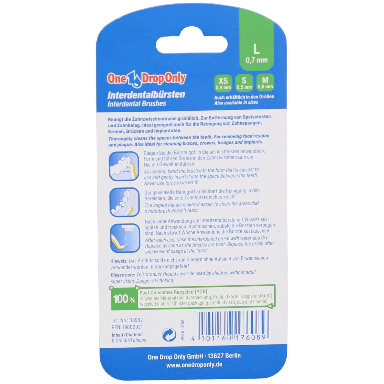 Dos de l'emballage avec informations sur le produit. Marque : One Drop Only. Tailles : XS, S, M, L. Logo de recyclage.