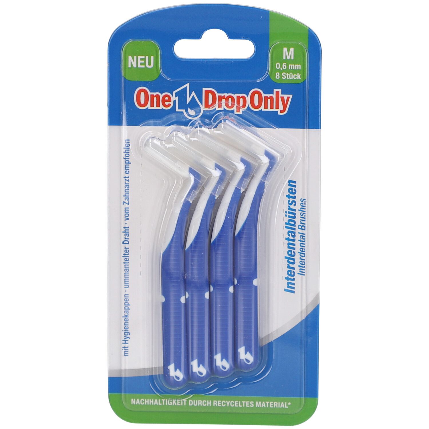 Blister de 4 brossettes interdentaires One Drop Only M 0,6 mm bleues. Soies blanches, manches bleus. Nom du produit et taille sur l'emballage.