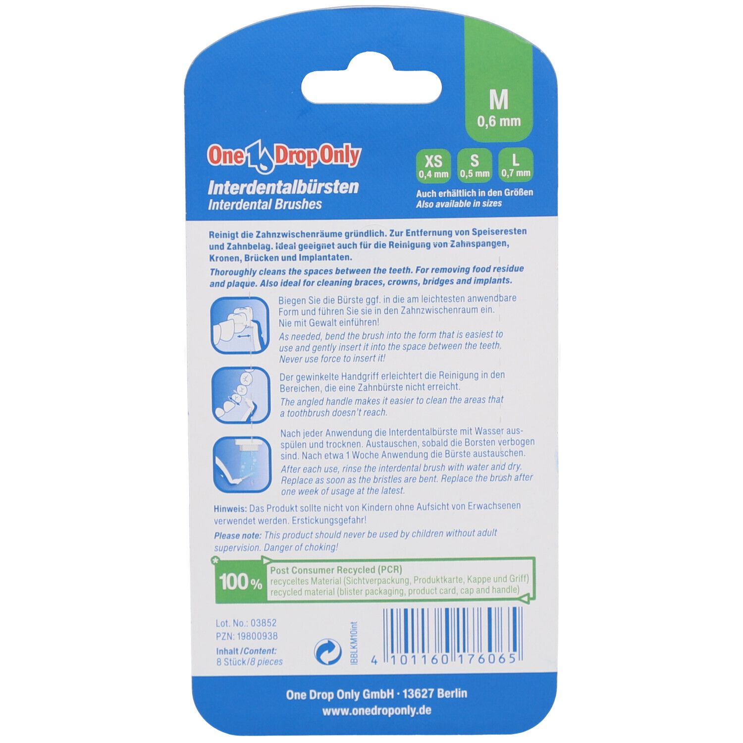 Dos de l'emballage avec informations produit. Texte en allemand. Tailles : XS, S, L. Logo : 100% Post Consumer Recycled.