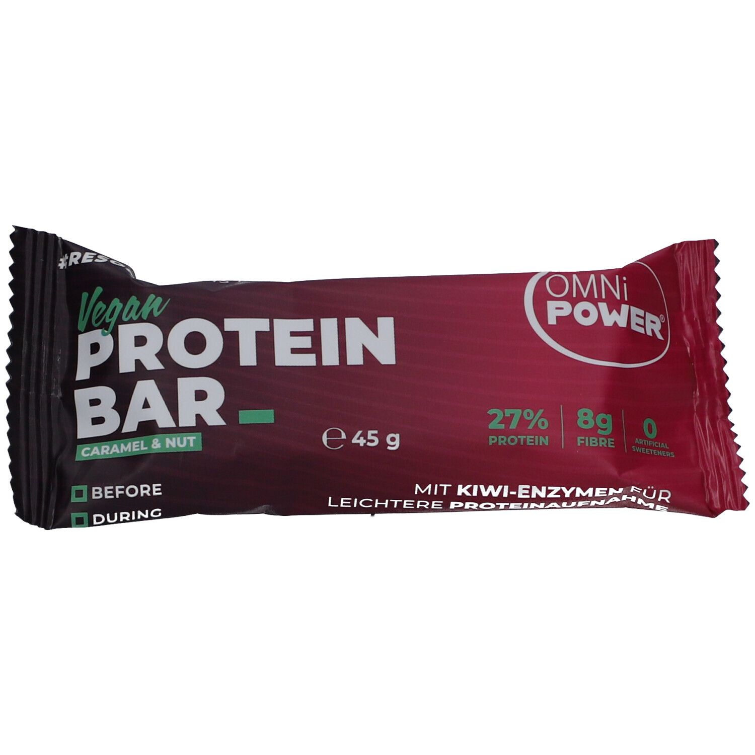 Barre protéinée emballée en rouge. Inscription: OMNiPOWER, Vegan Protein Bar, Caramel & Noix, 45g, 27% protéines, 8g fibres.