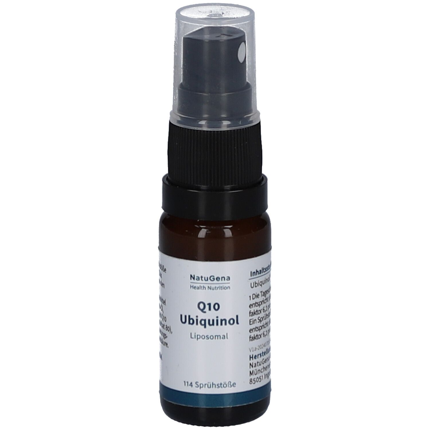 Braune Glasflasche mit schwarzem Sprühkopf. Beschriftung: Q10 Ubiquinol liposomales Spray vegan. Hersteller NatuGena.