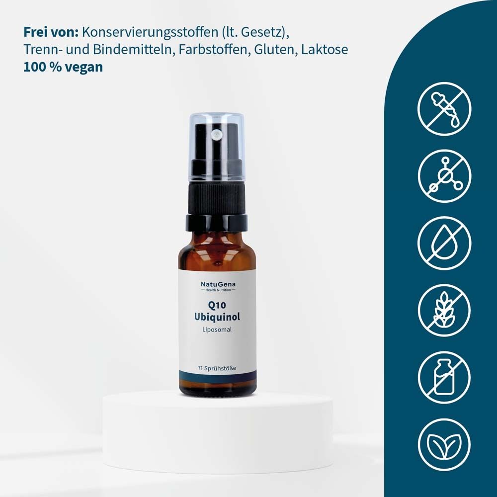 Braune Glasflasche mit Sprühkopf. Etikett mit Produktnamen und Logo. Text: 100% vegan, frei von...