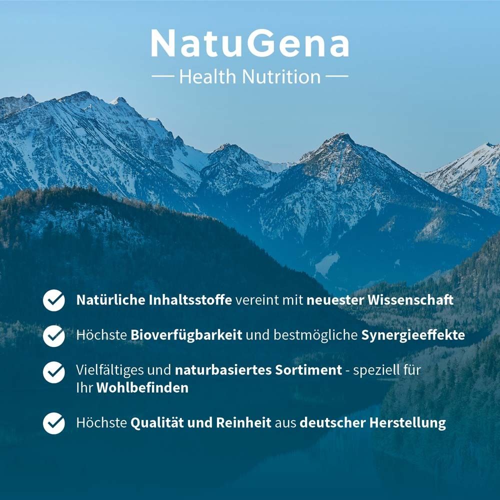 Berge im Hintergrund. Text: Natürliche Inhaltsstoffe, höchste Bioverfügbarkeit, Qualität aus deutscher Herstellung.