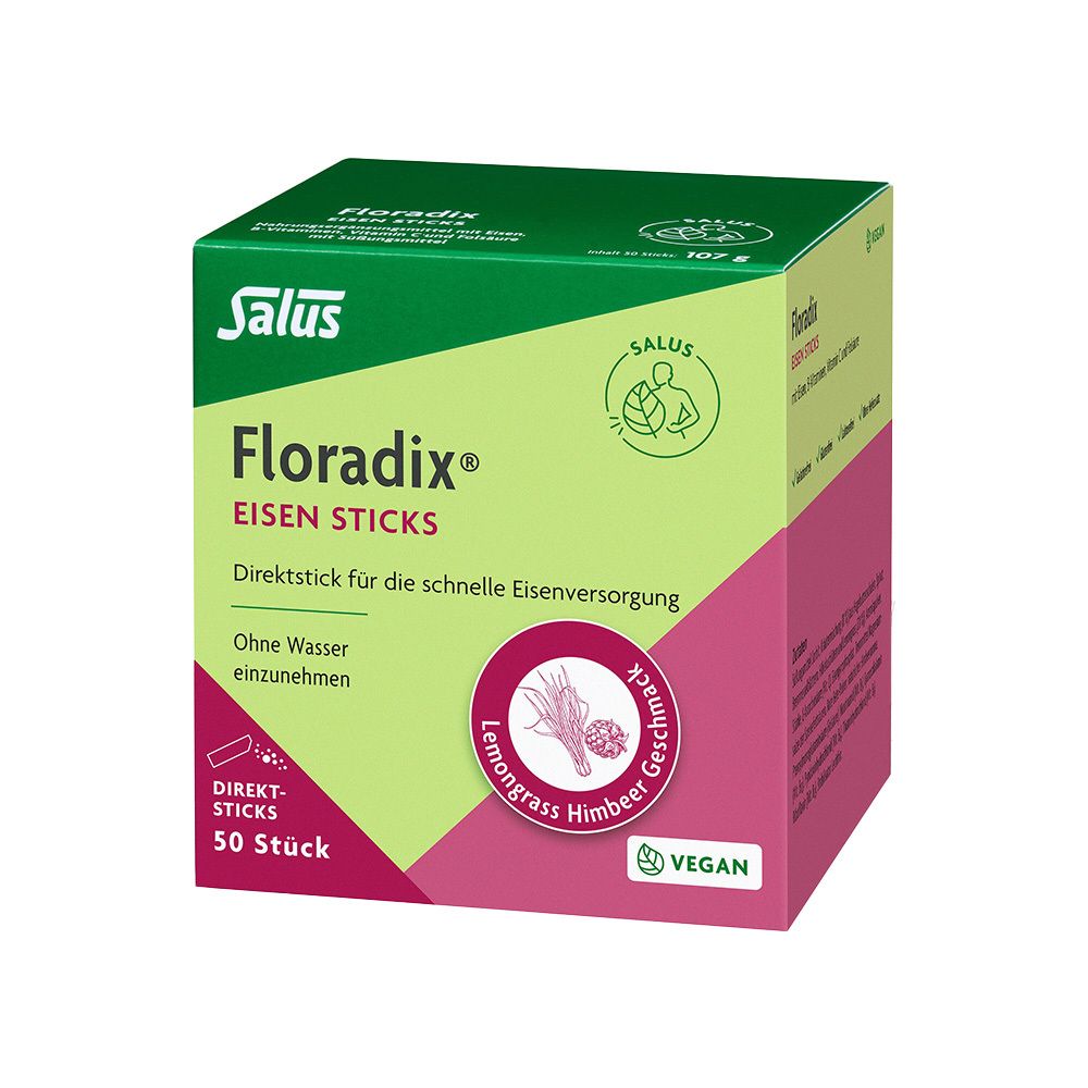 Boîte de Floradix Eisen Sticks. Boîte verte et rose avec nom du produit et logo. Label végétalien.