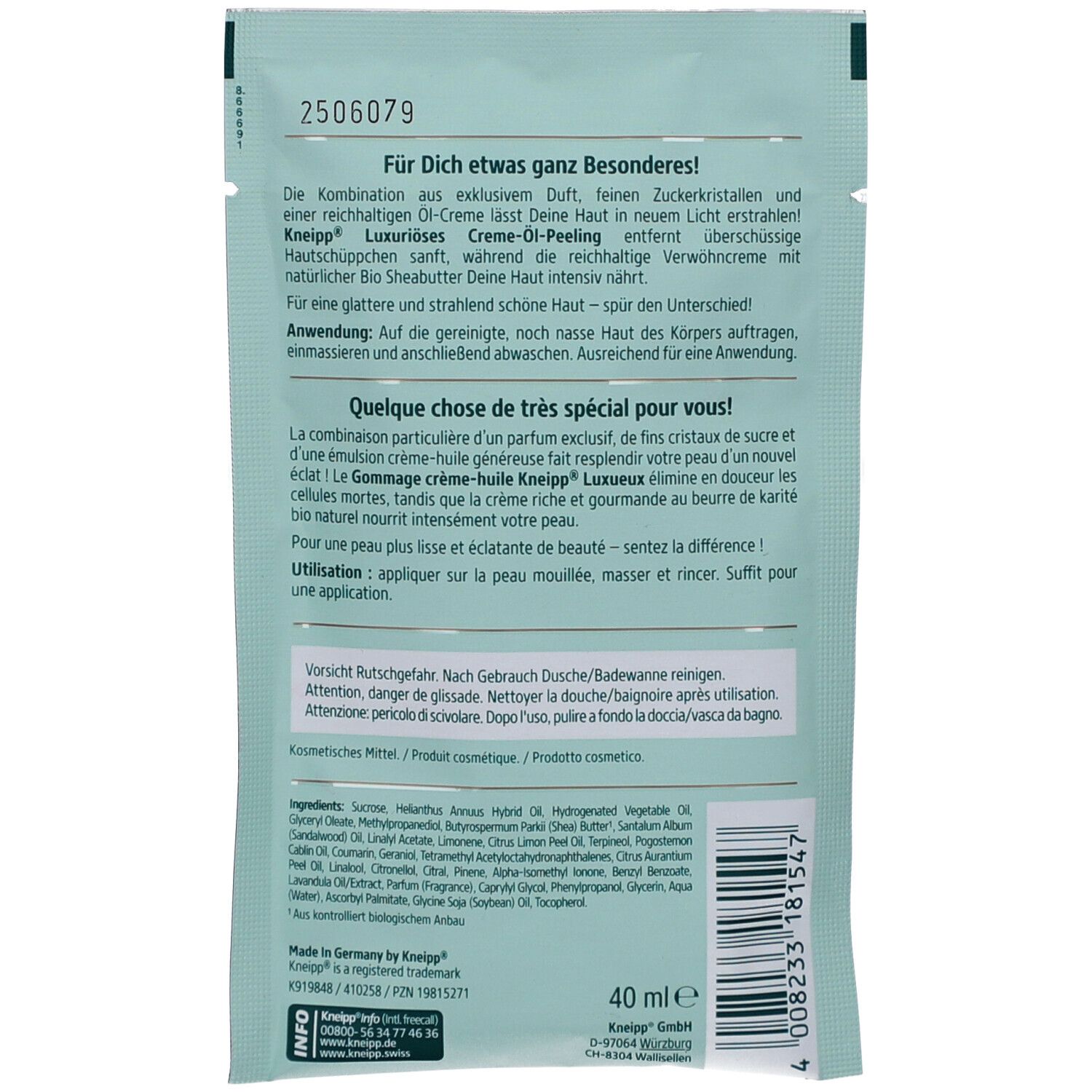 Rückseite des Kneipp Luxuriöses Creme-Öl-Peeling Sachets. Enthält Anwendungshinweise und Inhaltsstoffe. 40 ml.