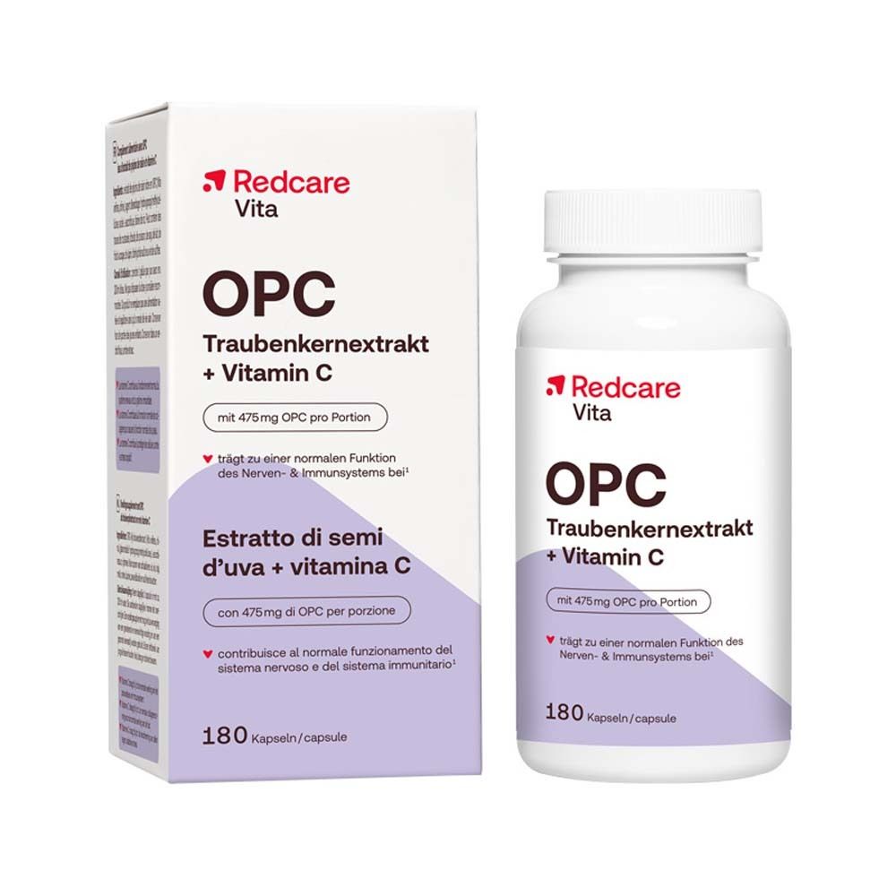 Weiße Flasche mit Kapseln. Aufschrift: Redcare Vita OPC Traubenkernextrakt + Vitamin C. 180 Kapseln.