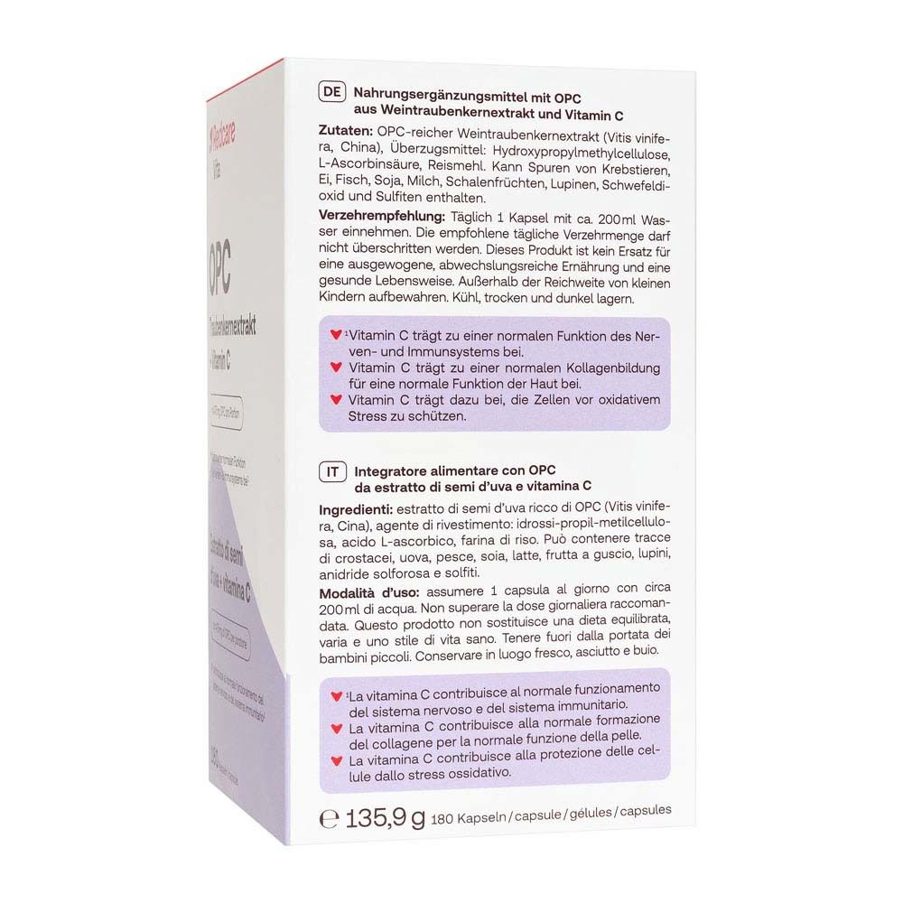 Rückseite der Schachtel mit Informationen zu Redcare Vita OPC + Vitamin C.
