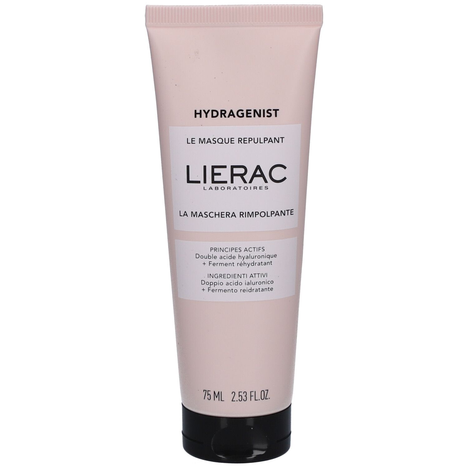 Tube rose avec bouchon noir. Inscription: Hydragenist, Lierac Laboratoires. Texte: Le Masque Repulpant, La Maschera Rimpolpante.