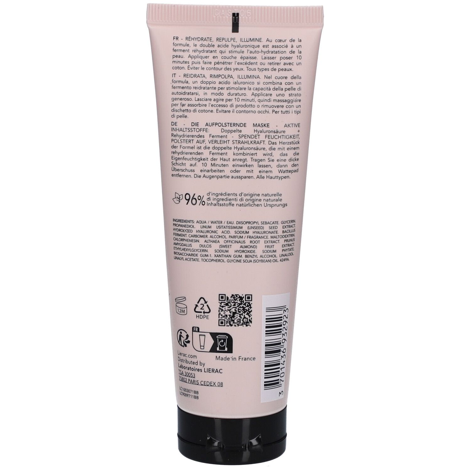 Dos du tube. Texte: Masque repulpant, Ingrédients, 96% ingrédients d'origine naturelle. Fabriqué en France.