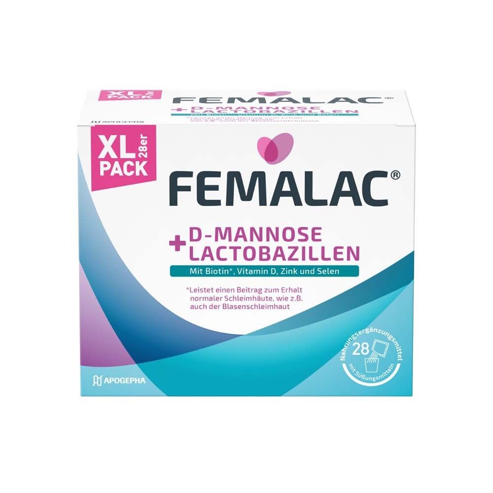 FEMALAC + D-Mannose + Lactobazillen. XL-Packung mit 28 Beuteln. Enthält Biotin, Vitamin D, Zink und Selen.