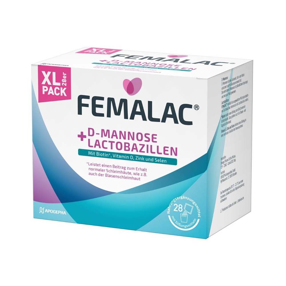 FEMALAC + D-Mannose + Lactobazillen. XL-Packung mit 28 Beuteln. Enthält Biotin, Vitamin D, Zink und Selen.
