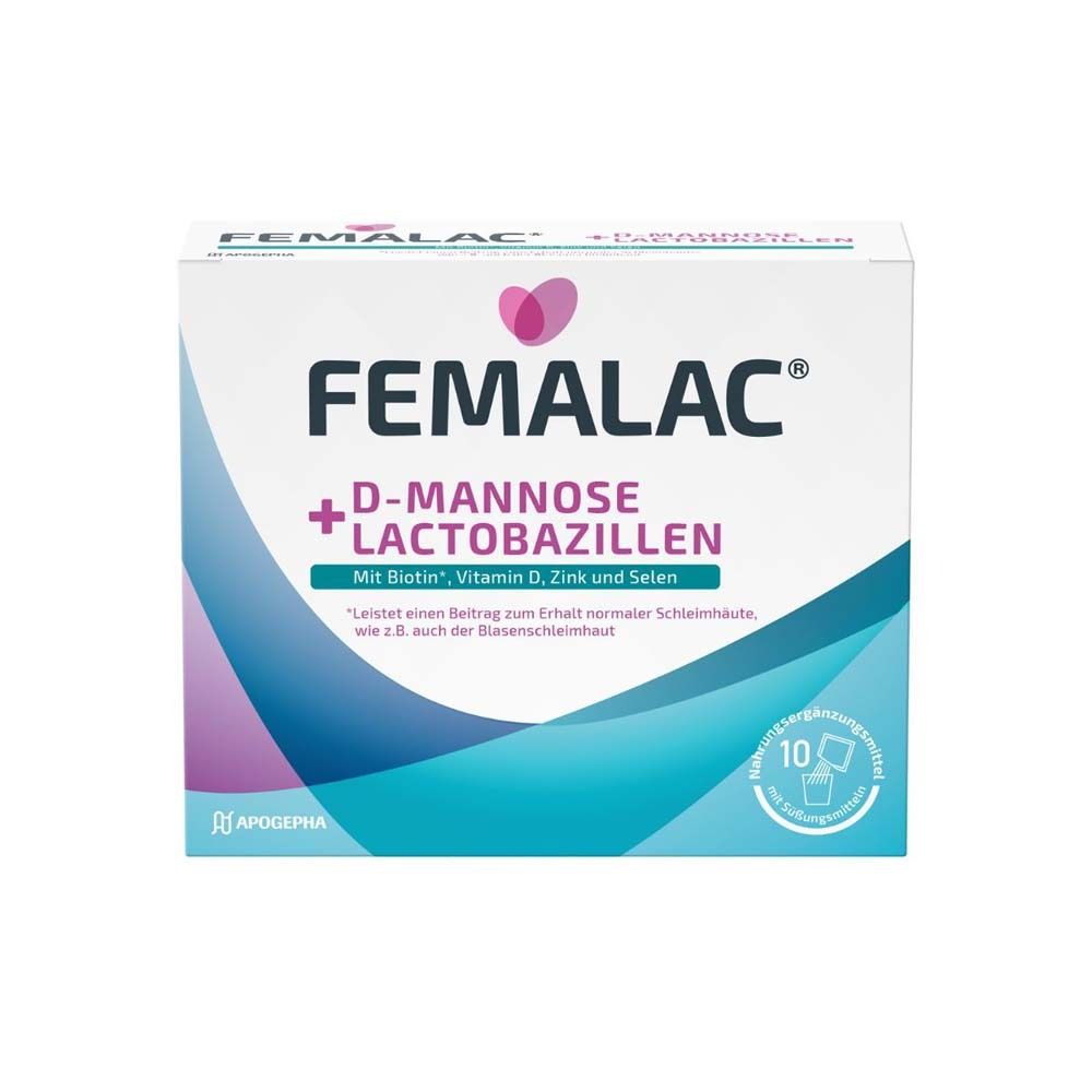 Boîte FEMALAC. Carton blanc avec nom du produit et ingrédients. 10 sachets. Logo Apogepha.