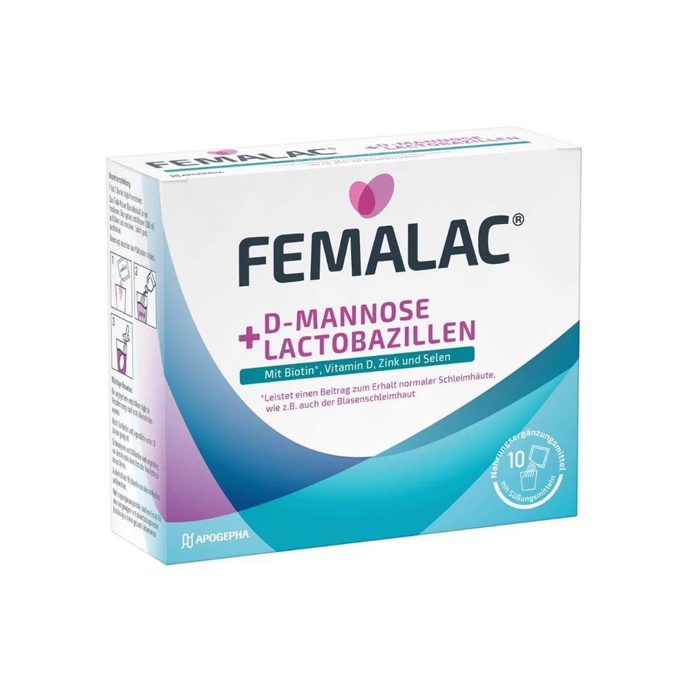 Boîte FEMALAC. Carton blanc avec nom du produit et ingrédients. 10 sachets. Logo Apogepha.