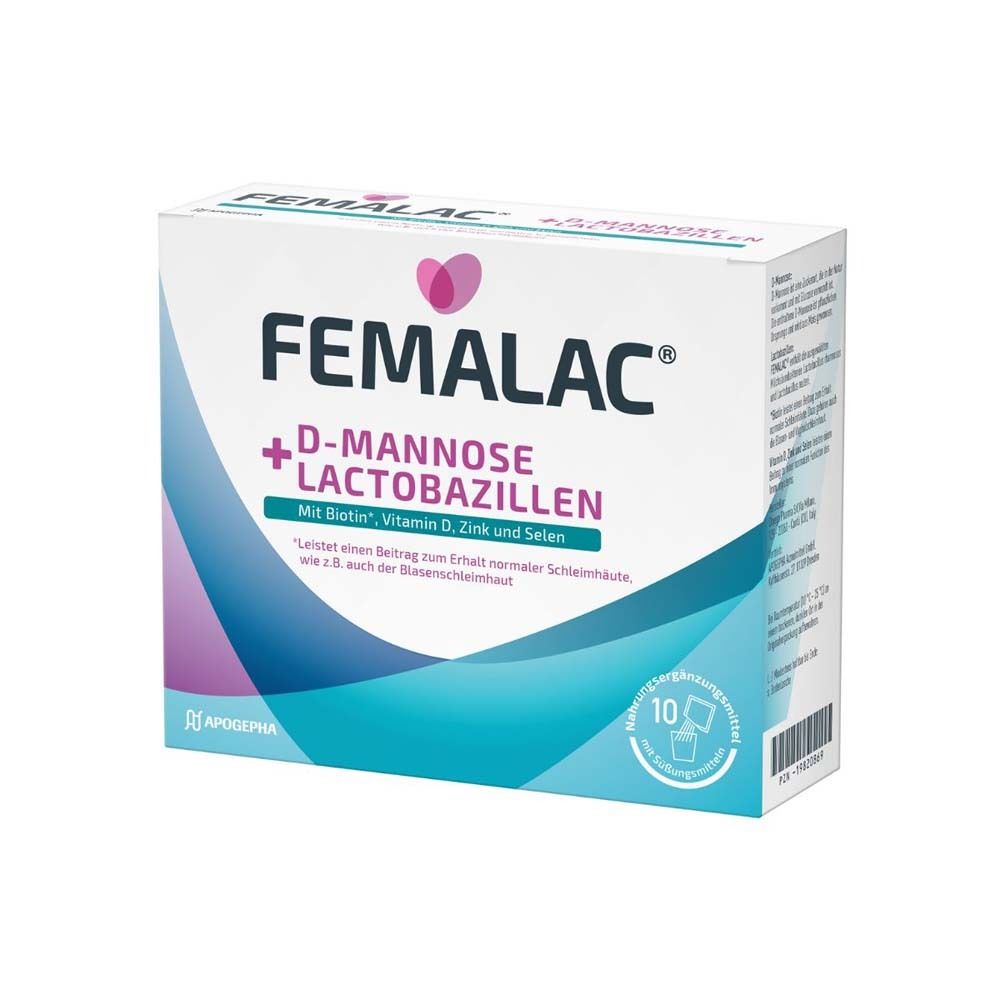 Boîte FEMALAC. Carton blanc avec nom du produit et ingrédients. 10 sachets. Logo Apogepha.