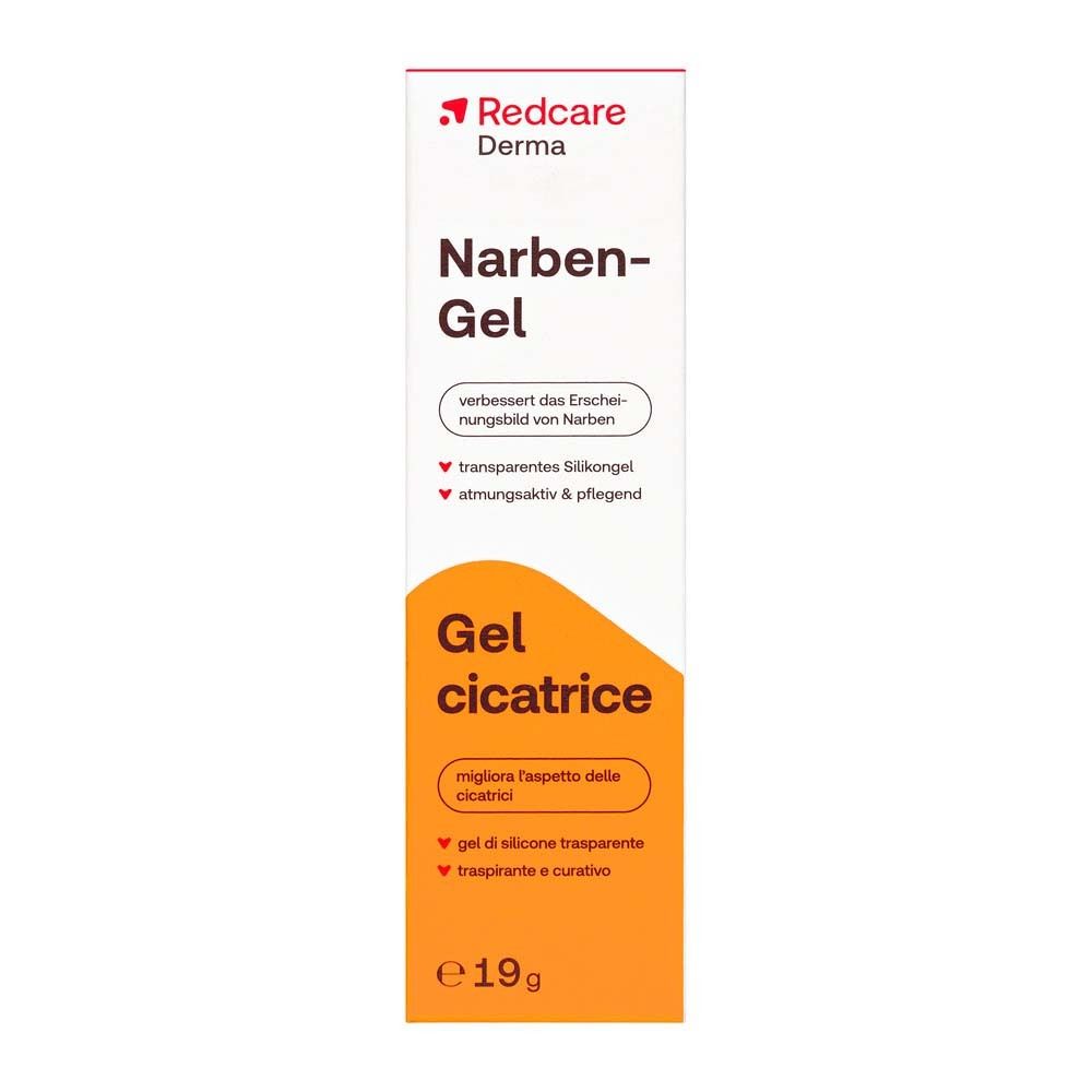 Redcare Derma Narben-Gel, Verpackung. Weiße Verpackung mit orangefarbenem Akzent. 19g.