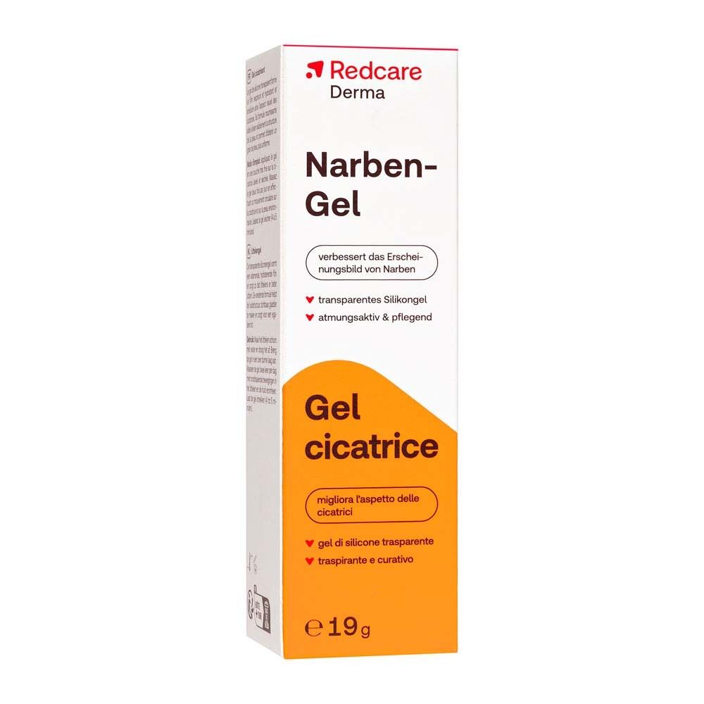 Redcare Derma Narben-Gel, Verpackung. Weiße Verpackung mit orangefarbenem Akzent. 19g.