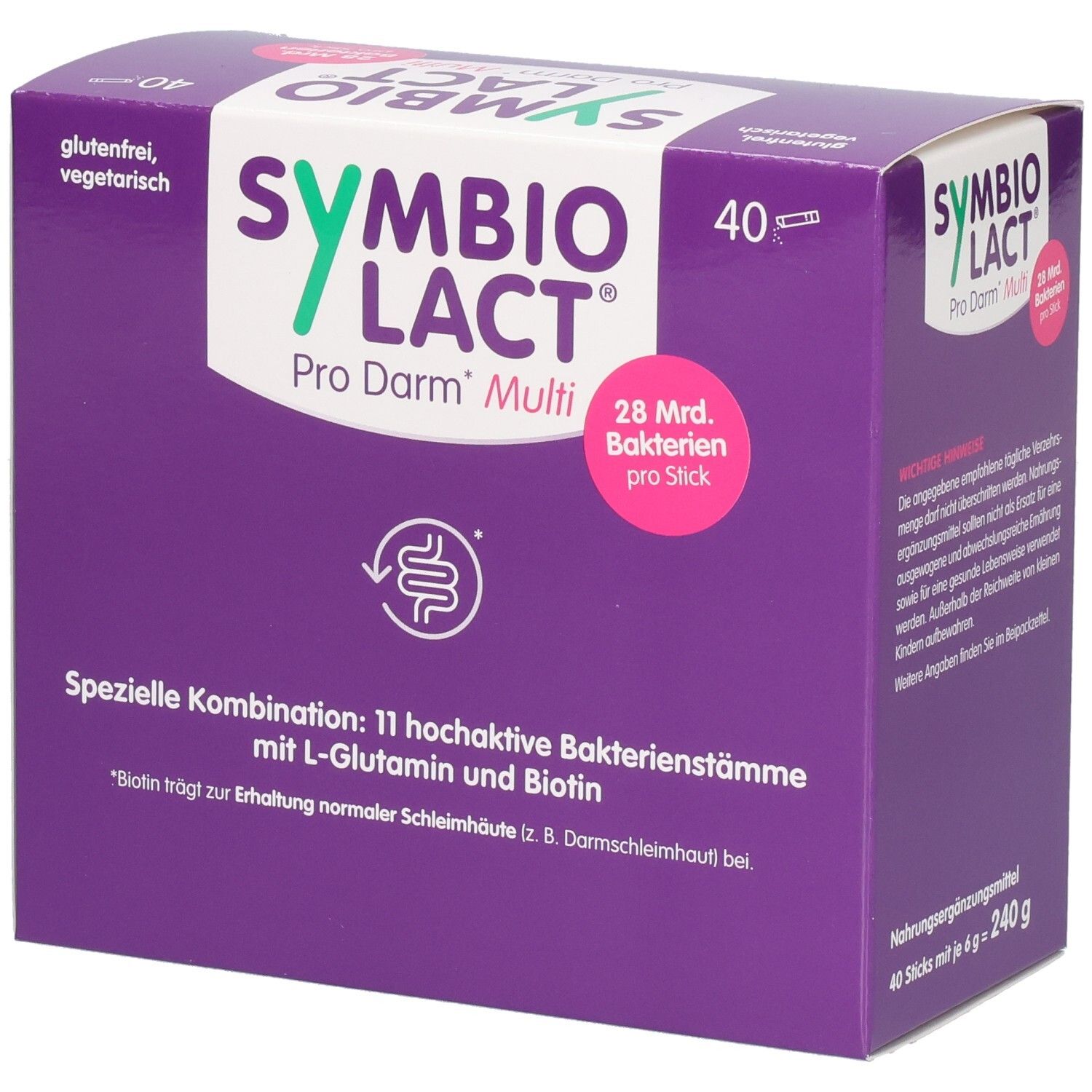 Boîte violette SYMBIOLACT Pro Darm Multi. 40 sticks. Sans gluten, végétarien. 28 milliards de bactéries par stick.