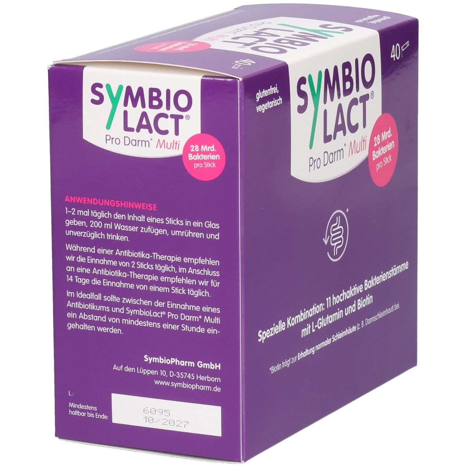 Boîte violette SYMBIOLACT Pro Darm Multi. Instructions d'utilisation. 40 sticks. 28 milliards de bactéries par stick. Adresse.