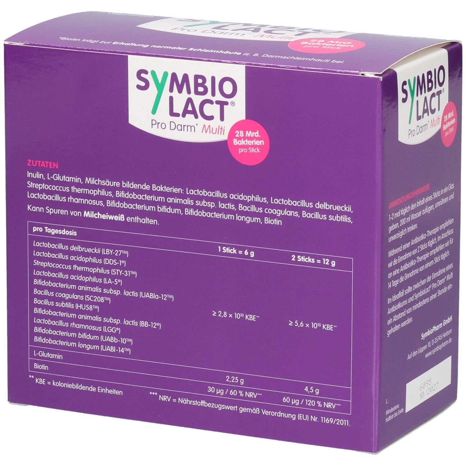 Boîte violette SYMBIOLACT Pro Darm Multi. Liste des ingrédients. 28 milliards de bactéries par stick. Informations nutritionnelles. 40 sticks.