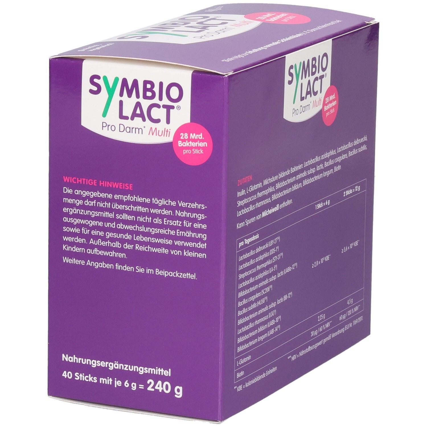 Boîte violette SYMBIOLACT Pro Darm Multi. Informations importantes. Informations nutritionnelles. 40 sticks de 6g = 240g.